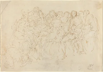 Magdalena Wast de Voeten van Christus met Acht Discipelen die Toekijken (recto)