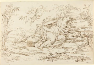 Boetvaardige Magdalena met engelen in een landschap