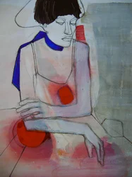 Contemplatieve vrouw in het rood
