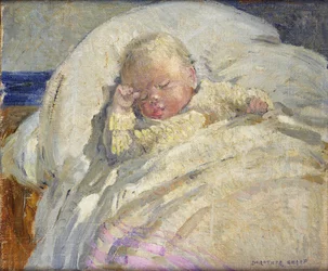 Een slapende baby (olieverf op doek)