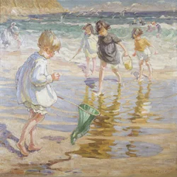 Spelen aan zee (olieverf op doek)