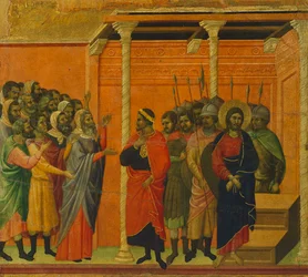 Altaarstuk: Christus beschuldigd door de Farizeeën, detail van een tegel uit de Verhalen van Christus