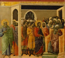 Christus voor Kajafas, detail van tegel van Episodes van Christus