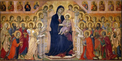 Maesta Madonna met het kind op de troon vereerd door heiligen en engelen. Centraal paneel. Fresco door Duccio di Buoninsegna (1255-1319)