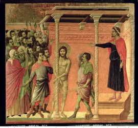 De geseling, van het Maesta altaarstuk, ca. 1308-11 (tempera op paneel0