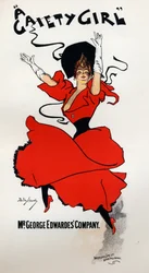 Kunst. Vermaak. Een vrolijk meisje, operette door Owen Halls en Sidney Jones. Poster door Dudley Hardy, Engeland
