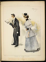 Twee personages. Een man die een boek leest en een dame