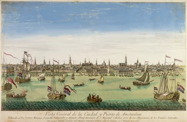 Algemeen Uitzicht op de Haven en Stad van Amsterdam, gravure door D.G. Hucquier, 16e eeuw