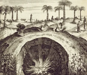 Een gigantische ondergrondse stoomkoker, uit China Illustrated door Athanasius Kircher (1601-80) 1667