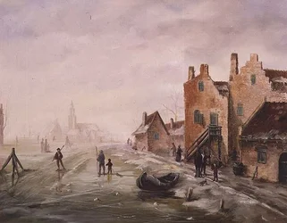 Een winterlandschap met figuren die op de voorgrond schaatsen
