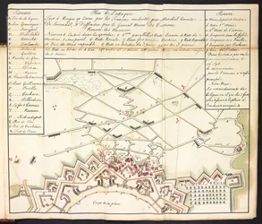 Een gekleurde kaart van het beleg van Bergen op Zoom