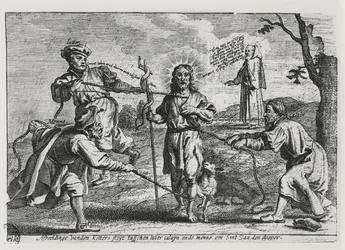 Karikatuur van Luther, Calvijn en Menno Simons die Christus en zijn leer betwisten