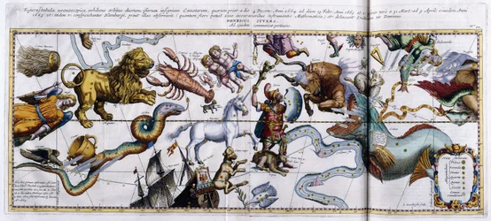 Hemelkaart van de sterrenbeelden: Orion, Taurus, Aries, Pisces etc, 1666-1668