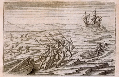 Verzamelen van drijfhout voor de hut waarin de expeditie overwinterde, illustratie uit Diarium Nauticum, seu vera descriptio trium navigationum admirandarum... door Gerrit de Veer, 1598