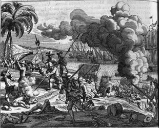 Kolonisatie: de Nederlandse vloten verdrijven de Portugezen uit Ceylon (het huidige Sri Lanka) in 1658. Nederlandse prent uit Afgoderye de oost-indische heydenen (Beschrijving van de landen van Oost-Indië) door Philippus Baldaeus (of Balde) (1632-1671)