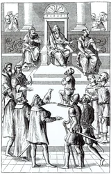 Bekentenis voor herstel voor het tribunaal, naar een houtsnede in Praxis Rerum Criminalium door Joos de Damhouder, gepubliceerd Antwerpen, 1556