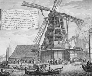 Brand bestrijden in een windmolen nabij Worden, uit een boek over Brandbestrijding in Holland, gepubliceerd ca.1700