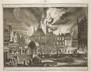 Brand in het oude Amsterdamse stadhuis, 17 juli 1652, uit een boek over Brandbestrijding in Holland, gepubliceerd ca.1700