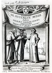 Frontispice van Dialogus De Systemate Mundi door Galileo (1564-1642), gepubliceerd in Leiden 1635