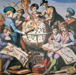 Frontispice van Nederlandse Kaartatlas met een groep cartografen en instrumenten, c.1710