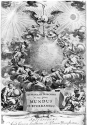 Frontispice van Mundus Subterraneus door Athanasius Kircher (1602-80) 1664, Amsterdam