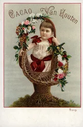 Meisje met bloemenboeket, reclame voor chocolade