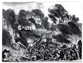 Grote Brand in Yedo (Tokio) in de 17e eeuw, illustratie uit het verslag door Arnold Montanus van ambassades gestuurd door de Nederlandse Oost-Indische Compagnie naar de Keizer van Japan, gepubliceerd in Amsterdam 1680