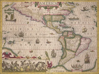 Kaart van Amerika, uit de Mercator Atlas, uitgegeven door Jodocus Hondius, Amsterdam, 1606