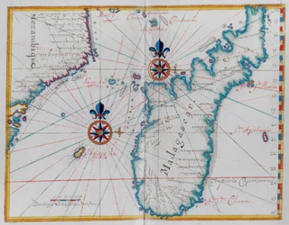 Kaart van een deel van de kust van Mozambique en het eiland Madagaskar