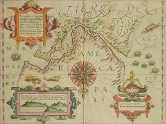 Kaart van de Straat Magellaan, Patagonië, uit de Mercator-atlas, gepubliceerd door Jodocus Hondius (1563-1612), Amsterdam, 1606