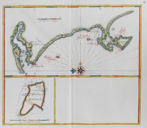 Kaarten met Dassen Island, een Zuid-Afrikaans eiland, en de tegenoverliggende kust.