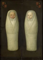 Portret van ingebakerde tweelingen: De vroeg overleden kinderen van Jacob de Graeff en Aeltge Boelens, ca. 1617