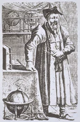 Portret van William Postel (1510-81), uit zijn De Universitate, Leiden, 1643, geïllustreerd in Geschiedenis van de Magie, gepubliceerd eind 19e eeuw