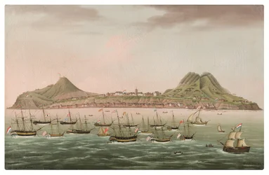 Sint Eustatius in de Nederlandse Antillen, met West-Indiëvaarders verzameld in de weg bij Oranjestad
