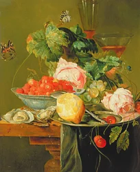 Stilleven van rozen, oesters, aardbeien in een porseleinen kom en ander fruit op tinnen servies, ca. 1820