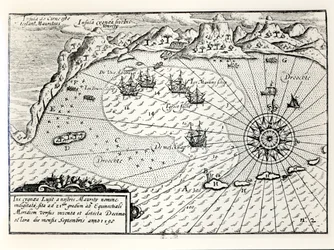 De aankomst van de vloot van vice-admiraal Wybrandt Van Warwijck in de zuidoostelijke haven van Mauritius in september 1598