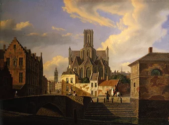 Stadsgezicht met een kanaal, brug, trappen en figuren, met een middeleeuwse kerk en de toren van een stadhuis op de achtergrond