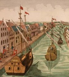 Zicht op de Kettelpoort in Delft, detail van schepen op het havenkanaal (detail)