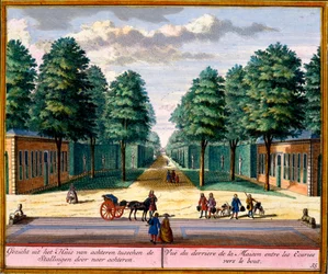Uitzicht op de achterkant van het huis tussen de stallen, uit Het Zeganpralent Kennemerlant door Hendrick de Leth en Matthias Brouerius Van Nidek, gepubliceerd ca. 1700-30