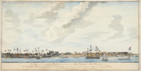 Uitzicht op de stad Paramaribo en het Fort Zeelandia, 1772