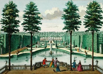 Uitzicht op de tuin vanaf het huis, Watervliet, uit Het Zeganplant Kennemerlant, door Hendrick de Leth en Matthias Brouerius Van Nidek