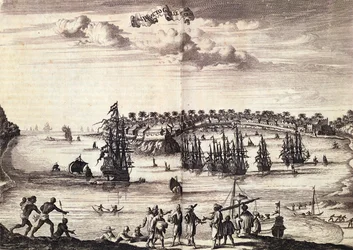 Uitzicht op de haven en stad Galle, gepubliceerd in Amsterdam 1676