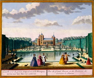 Uitzicht op het grote bassin en parterre aan de achterkant van het huis, uit Het Zeganpralent Kennemerlant door Hendrick de Leth en Matthias Brouerius Van Nidek, gepubliceerd ca. 1700-30