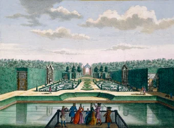 Uitzicht op de parterre en triomfboog, Meerestein, uit Het Zeganpralent Kennemerlant door Hendrick de Leth en Matthias Brouerius Van Nidek, gepubliceerd ca. 1700-1730