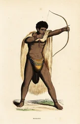 Khoikhoi man in dierenhuid cape, met kralen lendendoek, boog en pijlen