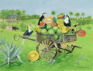 Toekans en watermeloenen in oude Thaise kar, 2004