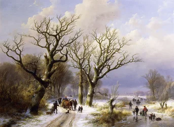 Een bebost winterlandschap met figuren, 1863