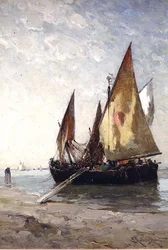 Vissersboten afgemeerd op het strand