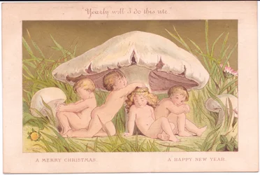Een Victoriaanse kerst- en nieuwjaarskaart van een groep feeënkinderen die onder een paddenstoel ontspannen, alles tegen een gouden achtergrond, door Gertrude Thompson, ca. 1895