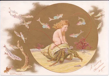 Een Victoriaanse kerstkaart van een heremietkreeft in een schelp bereden door een waterbaby omringd door een school vissen, c.1895